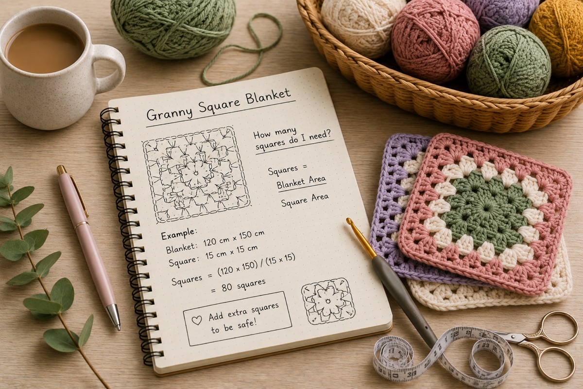 Carnet, laine et échantillons au crochet pour Guide des tailles de couvertures au crochet